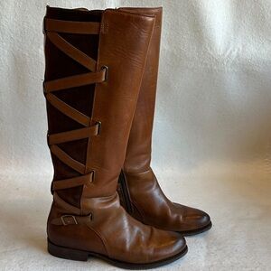 Frye Brown Leather Knee-High Boots with Suede criss cross accents size 8.5